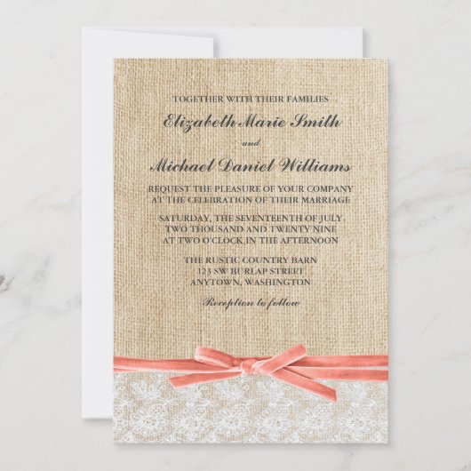 Rustic Burlap Lace Coral Ribbon Wedding Kaart (Voorkant)