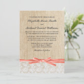 Rustic Burlap Lace Coral Ribbon Wedding Kaart (Staand voorkant)