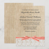Rustic Burlap Lace Coral Ribbon Wedding Kaart (Voorkant / Achterkant)