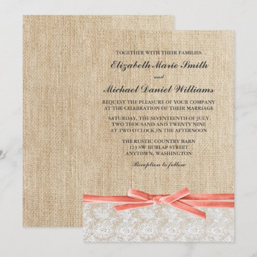 Rustic Burlap Lace Coral Ribbon Wedding Kaart (Voorkant / Achterkant)