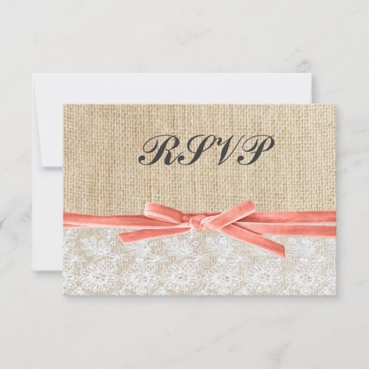 Rustic Burlap Lace Coral Ribbon Wedding RSVP (Voorkant)