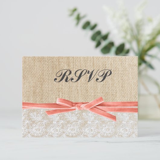 Rustic Burlap Lace Coral Ribbon Wedding RSVP (Staand voorkant)