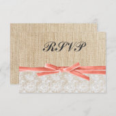 Rustic Burlap Lace Coral Ribbon Wedding RSVP (Voorkant / Achterkant)