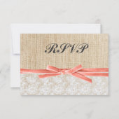 Rustic Burlap Lace Coral Ribbon Wedding RSVP Kaartje (Voorkant)