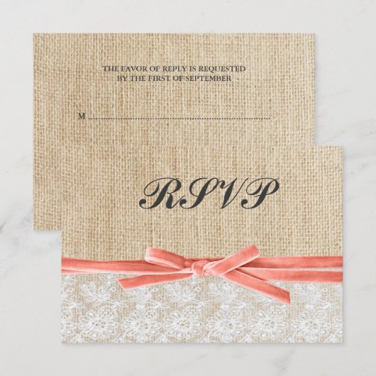 Rustic Burlap Lace Coral Ribbon Wedding RSVP Kaartje (Voorkant / Achterkant)