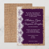 Rustic Burlap Lace Dark Paarse Wedding Invitations Kaart (Voorkant / Achterkant)