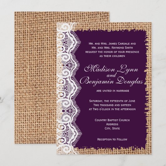 Rustic Burlap Lace Dark Paarse Wedding Invitations Kaart (Voorkant / Achterkant)