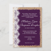 Rustic Burlap Lace Dark Paarse Wedding Invitations Kaart (Voorkant)