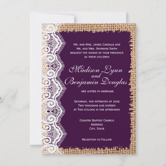 Rustic Burlap Lace Dark Paarse Wedding Invitations Kaart (Voorkant)