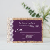 Rustic Burlap Lace Dark Paarse Wedding RSVP-kaarte RSVP Kaartje (Staand voorkant)