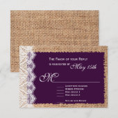 Rustic Burlap Lace Dark Paarse Wedding RSVP-kaarte RSVP Kaartje (Voorkant / Achterkant)
