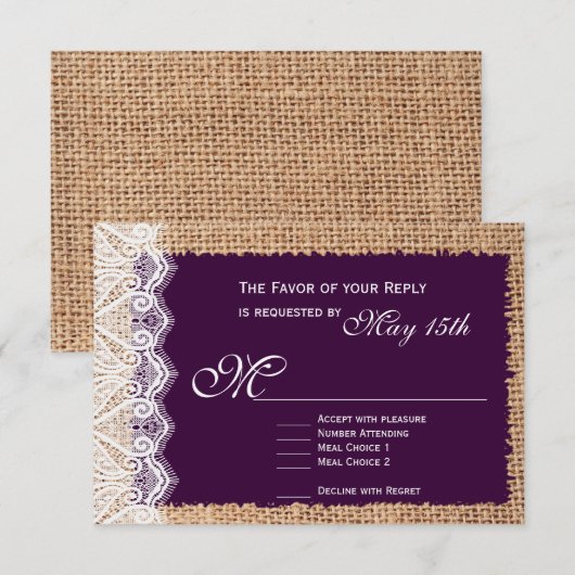 Rustic Burlap Lace Dark Paarse Wedding RSVP-kaarte RSVP Kaartje (Voorkant / Achterkant)
