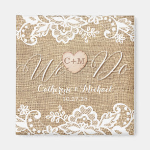 Rustic Burlap Lace en Wood Heart Name Initialen Magneet