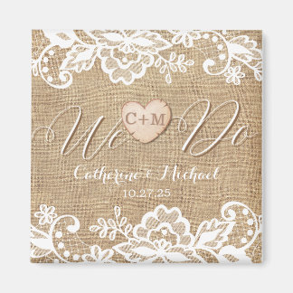 Rustic Burlap Lace en Wood Heart Name Initialen Magneet