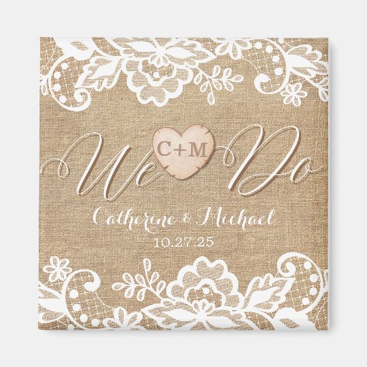 Rustic Burlap Lace en Wood Heart Name Initialen Magneet (Voorkant)