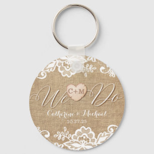 Rustic Burlap Lace en Wood Heart Name Initialen Sleutelhanger