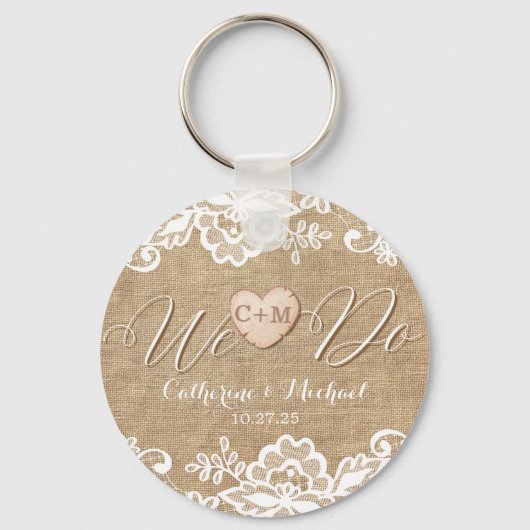Rustic Burlap Lace en Wood Heart Name Initialen Sleutelhanger (Voorkant)