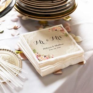 Rustic Burlap Lace Floral Mr. en Mrs Wedding Servetten