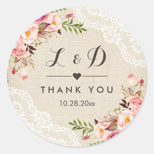 Rustic Burlap Lace Floral Wedding Favor Ronde Sticker (Voorkant)