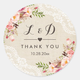 Rustic Burlap Lace Floral Wedding Favor Ronde Sticker