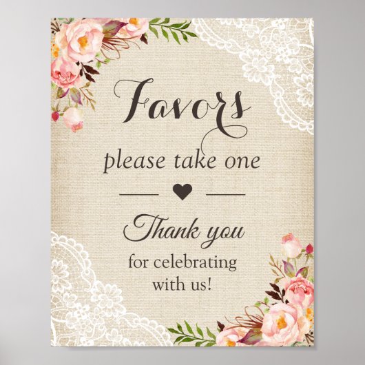 Rustic Burlap Lace Floral Wedding Favors Sign Poster (Voorkant)