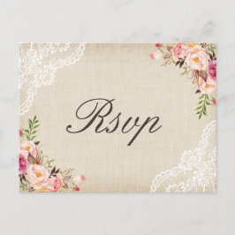 Rustic Burlap Lace Floral Wedding RSVP Uitnodiging Briefkaart