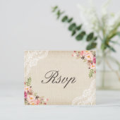 Rustic Burlap Lace Floral Wedding RSVP Uitnodiging Briefkaart (Staand voorkant)