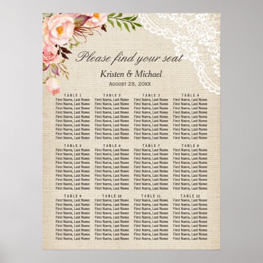 Rustic Burlap Lace Floral Wedding Seating Chart Poster (Voorkant)