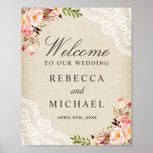 Rustic Burlap Lace Floral Wedding Welcome Sign Poster (Voorkant)