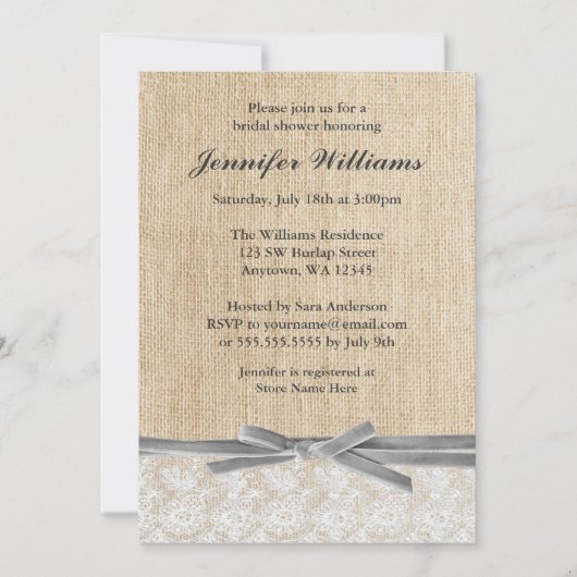 Rustic Burlap Lace Gray Ribbon Vrijgezellenfeest Kaart (Voorkant)