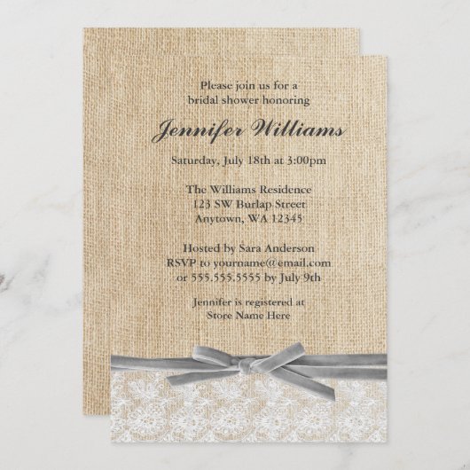 Rustic Burlap Lace Gray Ribbon Vrijgezellenfeest Kaart (Voorkant / Achterkant)