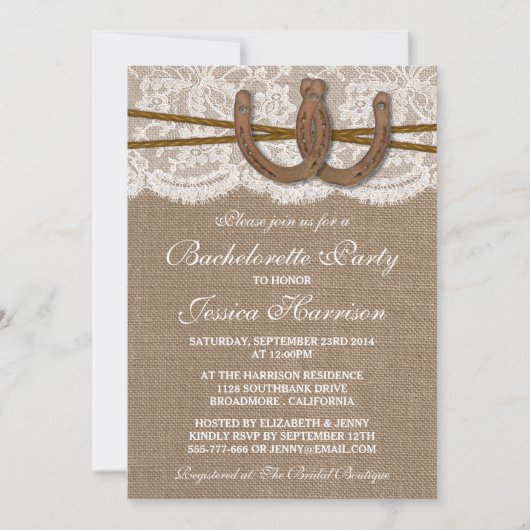 Rustic Burlap & Lace Hoefijzer Bachelorette Party Kaart (Voorkant)