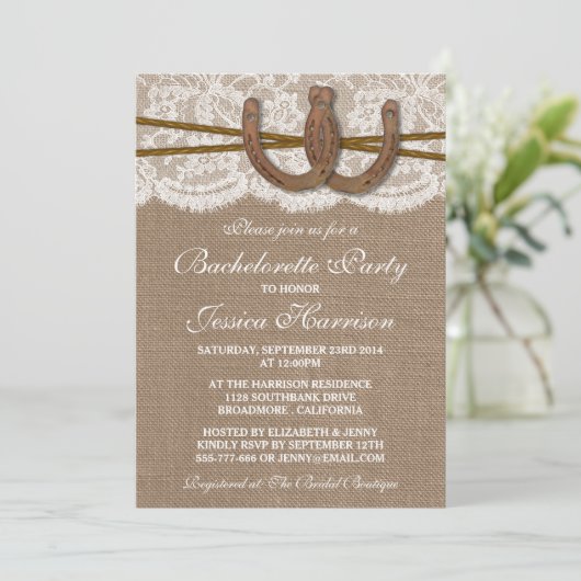 Rustic Burlap & Lace Hoefijzer Bachelorette Party Kaart (Staand voorkant)