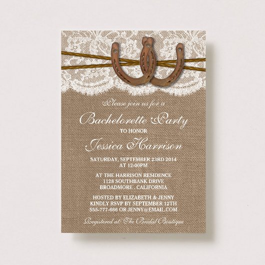 Rustic Burlap & Lace Hoefijzer Bachelorette Party Kaart