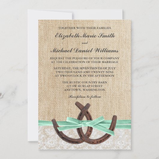 Rustic Burlap Lace Hoefijzer Mint Ribbon Wedding Kaart (Voorkant)
