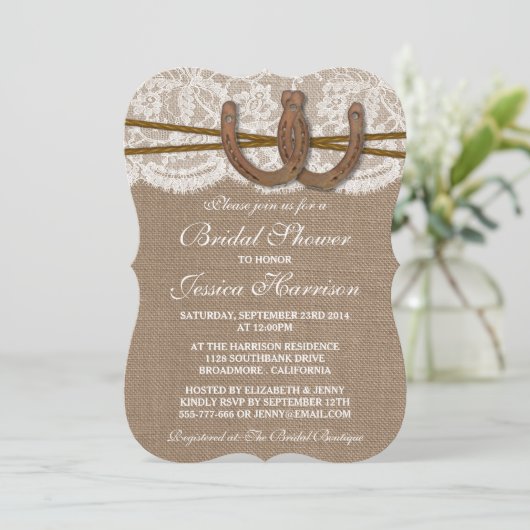Rustic Burlap & Lace Hoefijzer Vrijgezellenfeest Kaart (Staand voorkant)