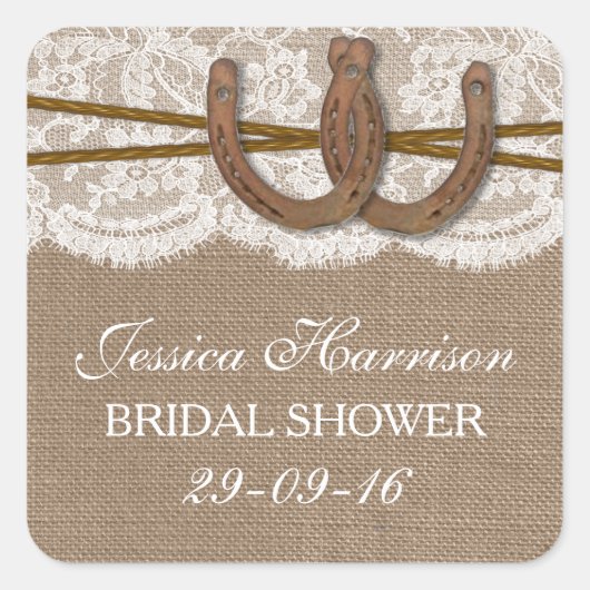 Rustic Burlap & Lace Hoefijzer Vrijgezellenfeest Vierkante Sticker (Voorkant)