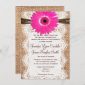 Rustic Burlap Lace Hot Pink Daisy Wedding Invites Kaart (Voorkant / Achterkant)