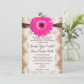 Rustic Burlap Lace Hot Pink Daisy Wedding Invites Kaart (Staand voorkant)