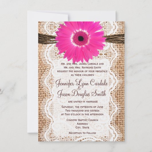 Rustic Burlap Lace Hot Pink Daisy Wedding Invites Kaart (Voorkant)