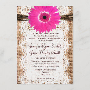 Rustic Burlap Lace Hot Pink Daisy Wedding Invites Kaart