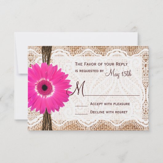 Rustic Burlap Lace Hot Pink Daisy Wedding RSVP (Voorkant)