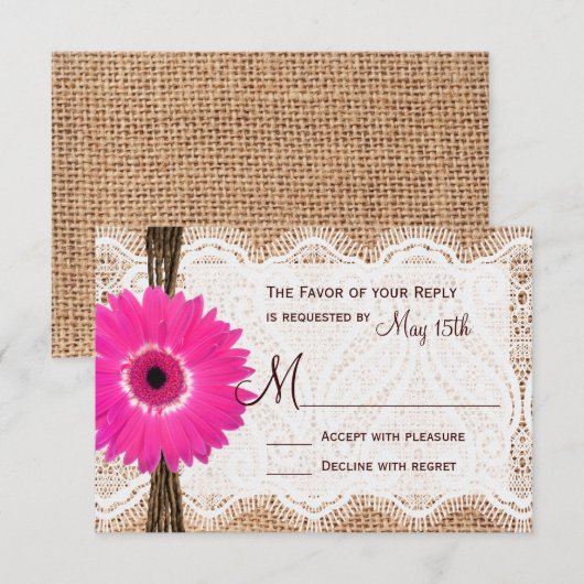 Rustic Burlap Lace Hot Pink Daisy Wedding RSVP (Voorkant / Achterkant)