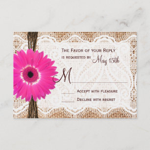 Rustic Burlap Lace Hot Pink Daisy Wedding RSVP Kaartje
