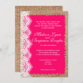 Rustic Burlap Lace Hot Pink Wedding Invitations Kaart (Voorkant / Achterkant)