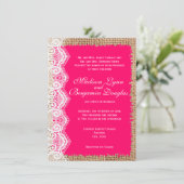 Rustic Burlap Lace Hot Pink Wedding Invitations Kaart (Staand voorkant)