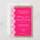 Rustic Burlap Lace Hot Pink Wedding Invitations Kaart (Voorkant)