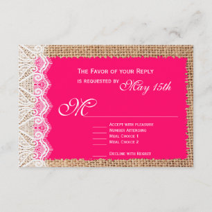 Rustic Burlap Lace Hot Pink Wedding RSVP-kaarten RSVP Kaartje