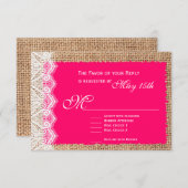 Rustic Burlap Lace Hot Pink Wedding RSVP-kaarten RSVP Kaartje (Voorkant / Achterkant)