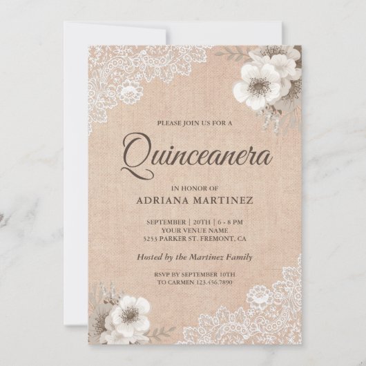 Rustic Burlap Lace Ivory Floral Quinceanera Kaart (Voorkant)